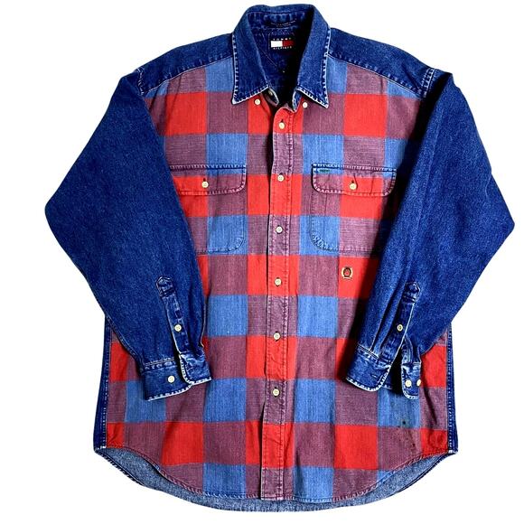 Tommy Hilfiger Vintage Denim Shirt Mens M Blue/Red Checkerboard Crest Preppy Big - Picture 1 of 12